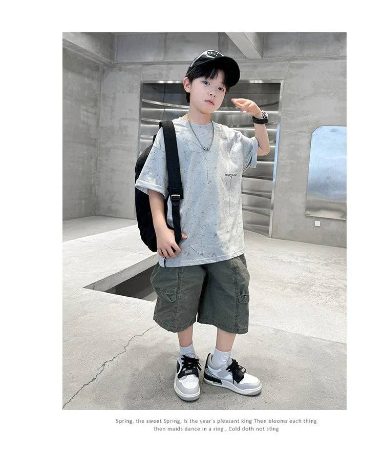 Summer Suit for Boy with Shorts Two Piece Clothing Set Kids Child Cotton Top and Bottom Clothes Set Casual Outfit Tracksuit 5-14