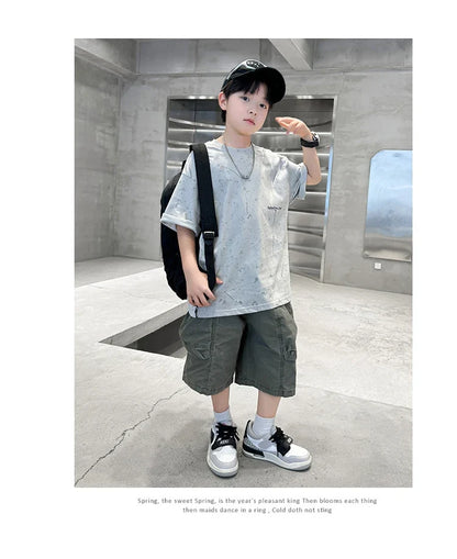 Summer Suit for Boy with Shorts Two Piece Clothing Set Kids Child Cotton Top and Bottom Clothes Set Casual Outfit Tracksuit 5-14