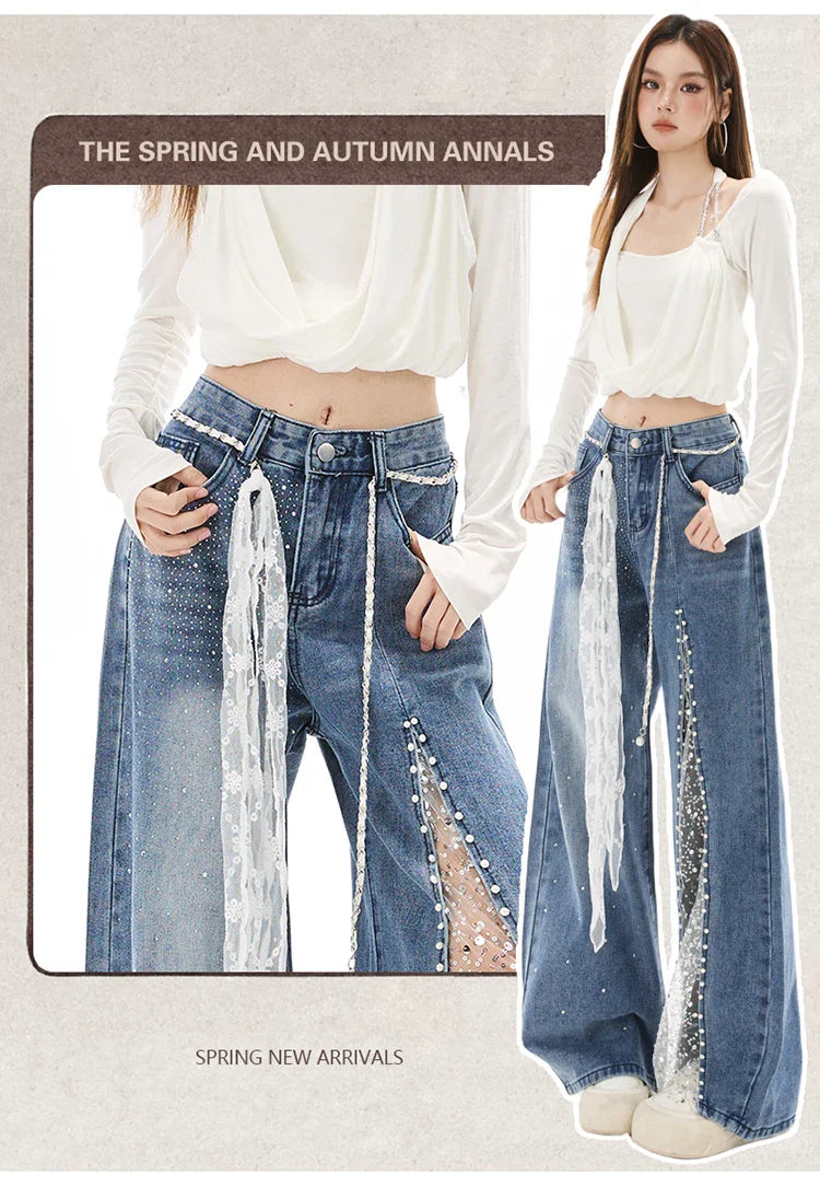 Women Jeans Pants Baggy Jeans Spring Flare Trousers Lace Applique Crystal Wide Leg Pearl Slit Distressed Design