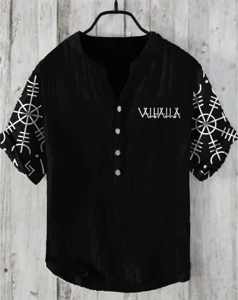 New Men's 3D Printed V Neck Short Sleeve Shirt Foreign Trade Casual Fashion Loose Linen Short Sleeve Shirt Top