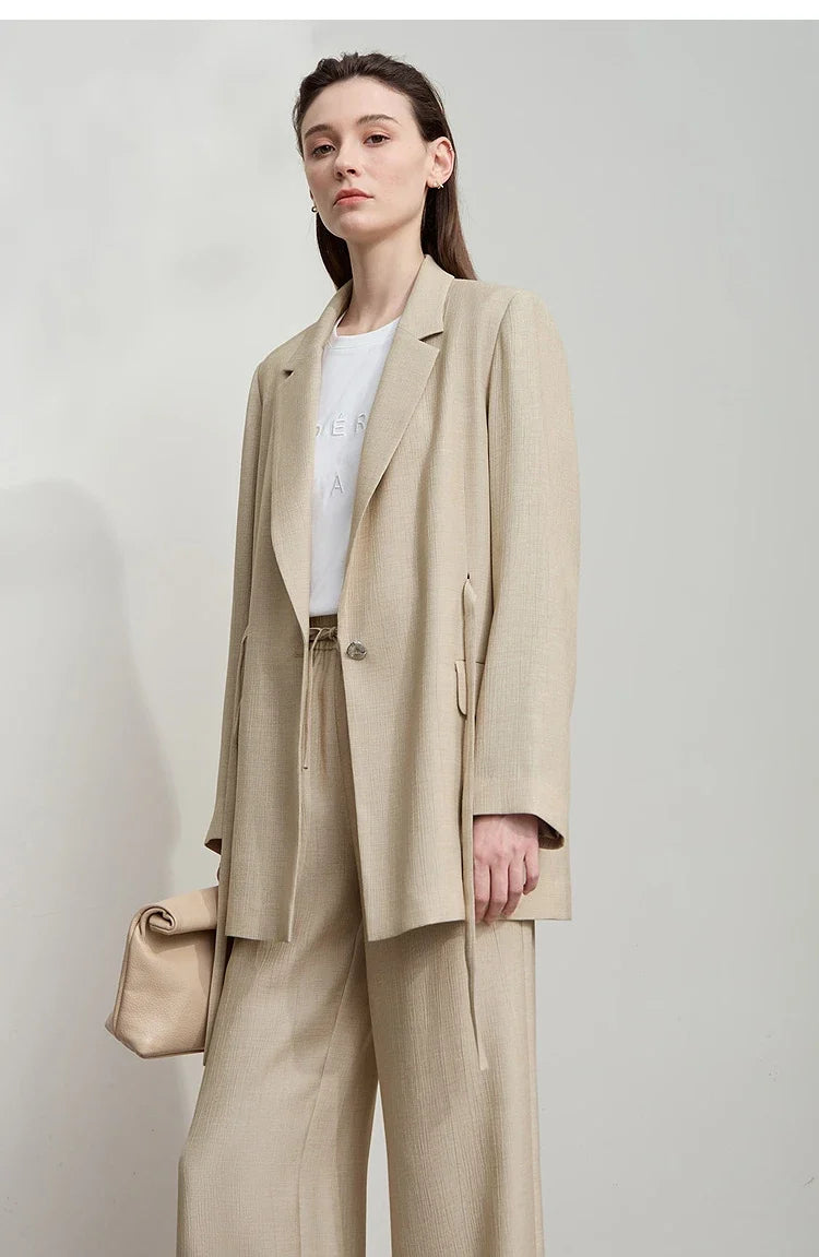 Office Lady Solid Blazers 2025 Autumn New Long Sleeves Loose Coat Notched Business Jacket Belt Women's Clothing 12543025