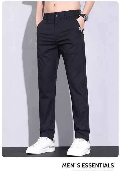 Ultra-thin Elastic Men's Casual Pants 2024 Summer Ice Silk Cotton Fashion Slim Straight Business Trousers Black Gray Khaki
