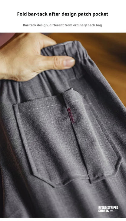 Men's Vintage Vertical Striped Suit Shorts Men's Summer Elastic Waist Straight Leg Office Shorts Business Casual Pants