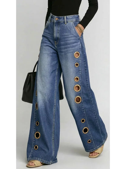 Missuoo Women's Washed Blue High-Waist Metal Grommet Wide Leg Jeans 2026 Casual Loose Fit Streetwear Pants Casual Trousers