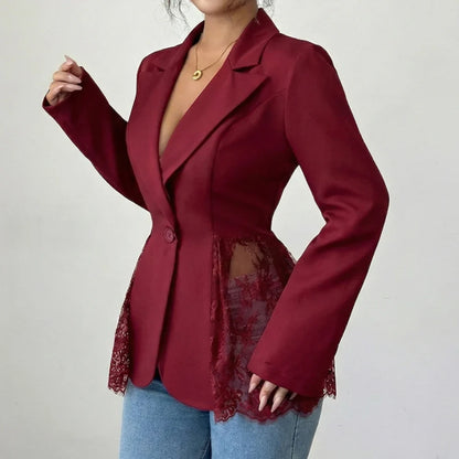 Women Color Block Blazer Lace Waist Slim Fit Office Suit Blazer Coat