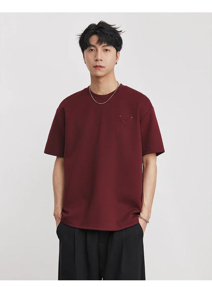 Men's Heavyweight 280g 2026 Summer New Cotton Solid Color Short Sleeve T-Shirt Crew Neck Triangle Label All-match Minimalist Tee