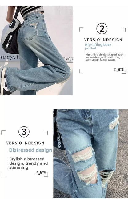 Trendy Ripped Straight Leg Jeans Women's Spring Summer High Waist Loose Wide Leg Pants Slimming Design Casual Denim Jeans