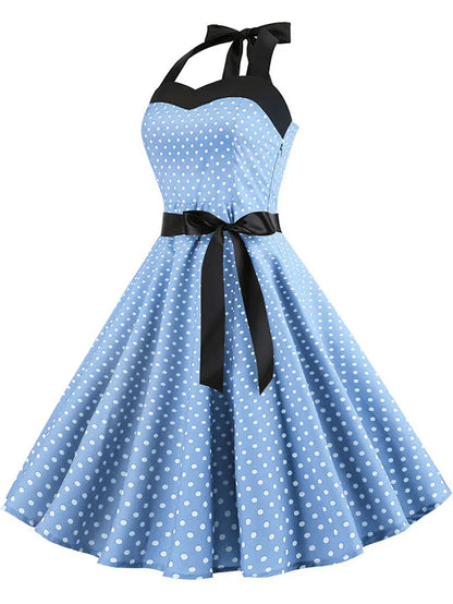 Women Polka Dot Print Summer Dress Sexy Retro White Halter Vintage Dress Robe Femme Pin Up Rockabilly Party Dress
