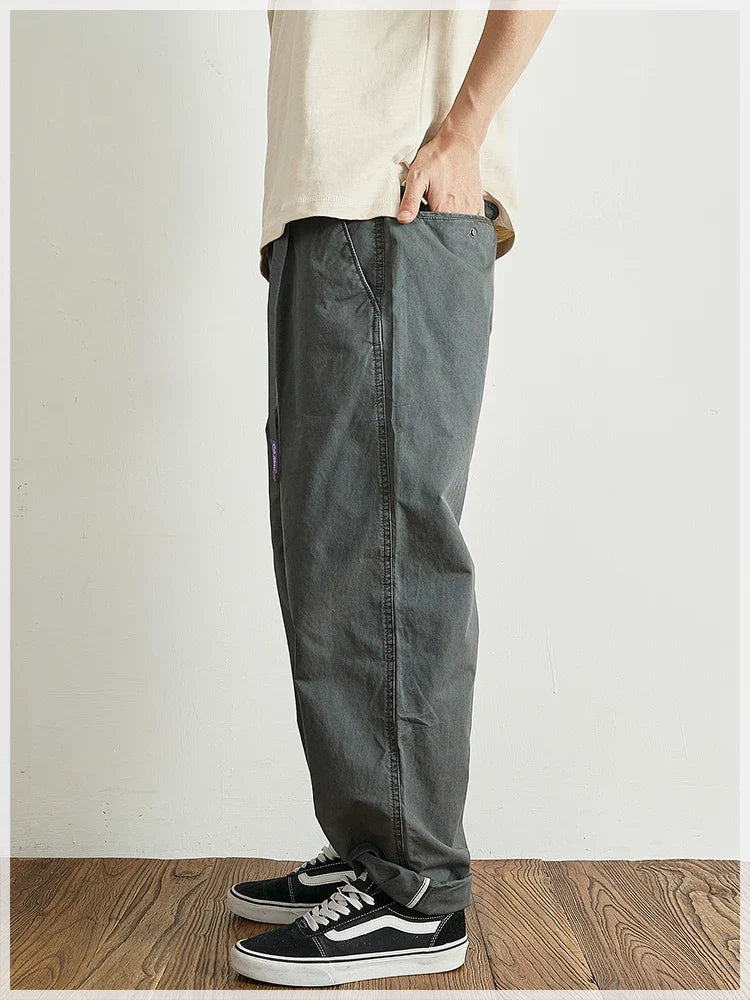 Summer thin casual pants men's straight straight tube loose conical overalls all cotton wash re-engraved purple mark daddy pants
