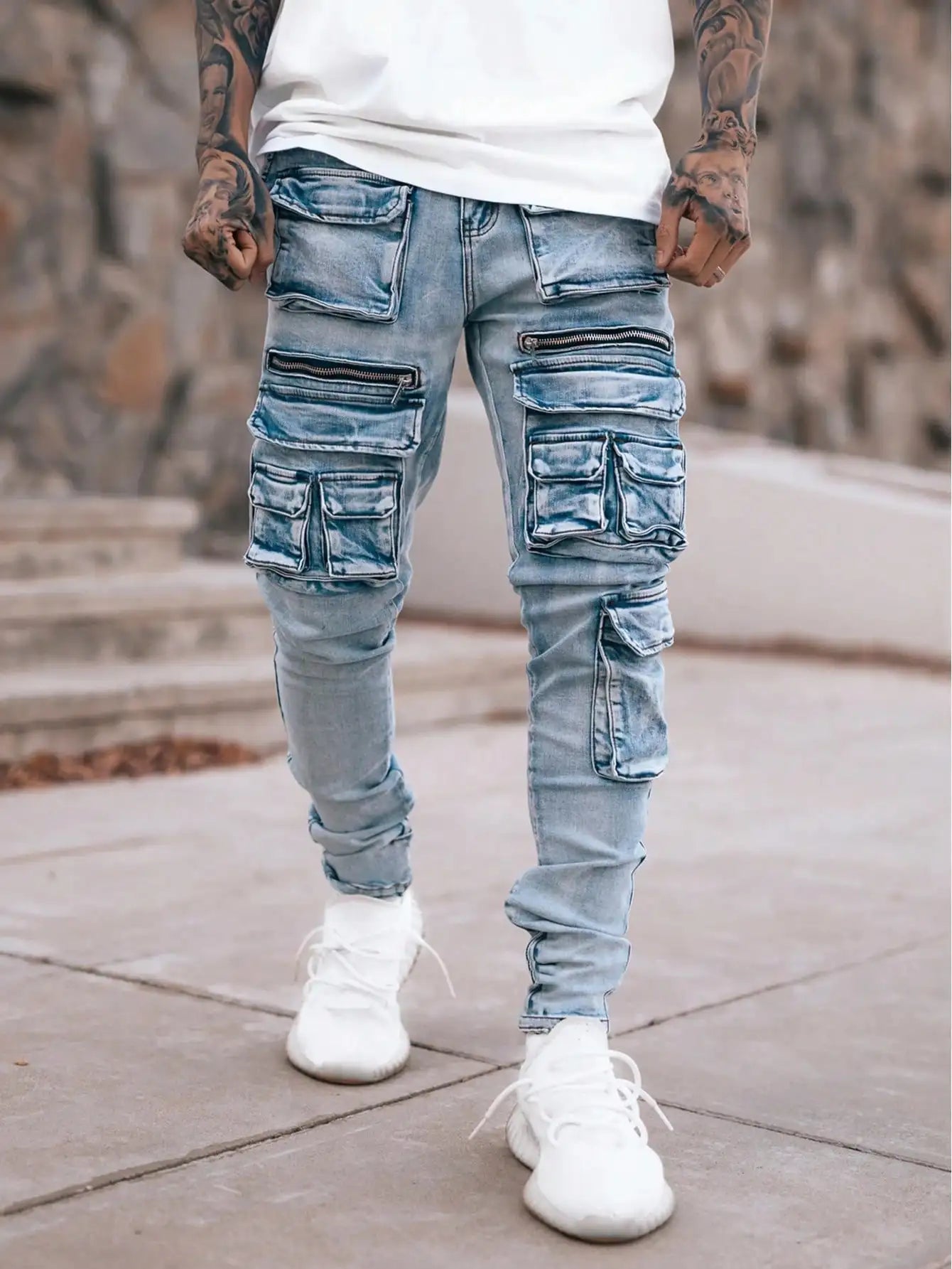 Men’s streetwear, multi pocket vehicle, snug, stretchy, light-colored jeans.