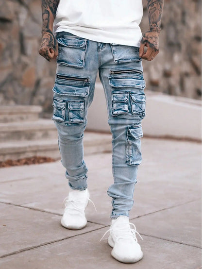 Men’s streetwear, multi pocket vehicle, snug, stretchy, light-colored jeans.