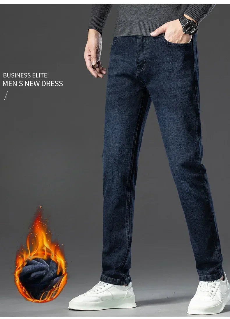 Men's Thicken Fleece Straight Jeans Winter Business Casual Stretch Denim Pants Warm Plush Brand Trousers Pans Male Classic