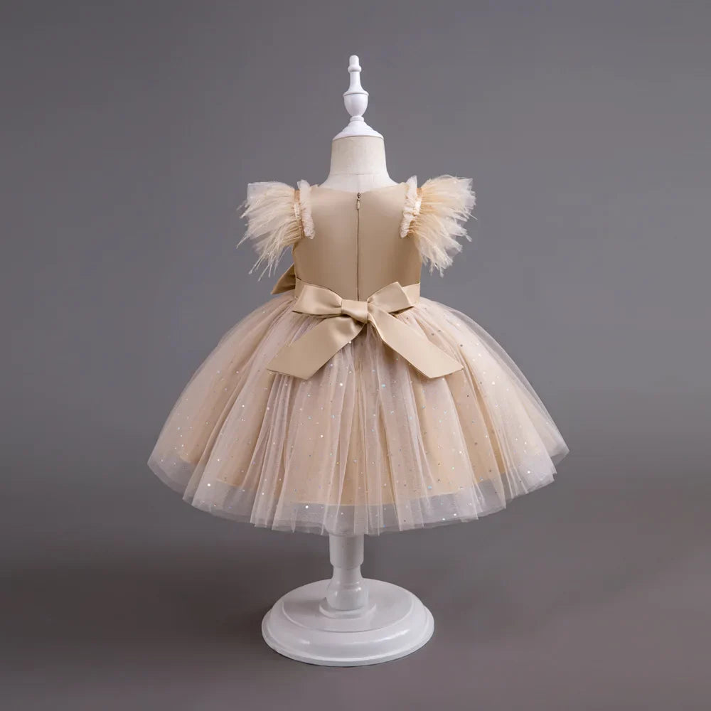 Summer Girls' New Bow Sequin Flying Sleeves Mesh Fluffy Skirt Piano Competition School Graduation Ceremony Dress