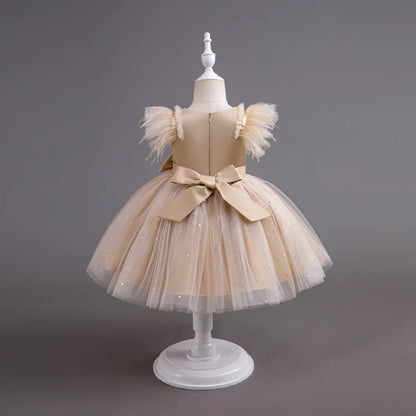 Summer Girls' New Bow Sequin Flying Sleeves Mesh Fluffy Skirt Piano Competition School Graduation Ceremony Dress