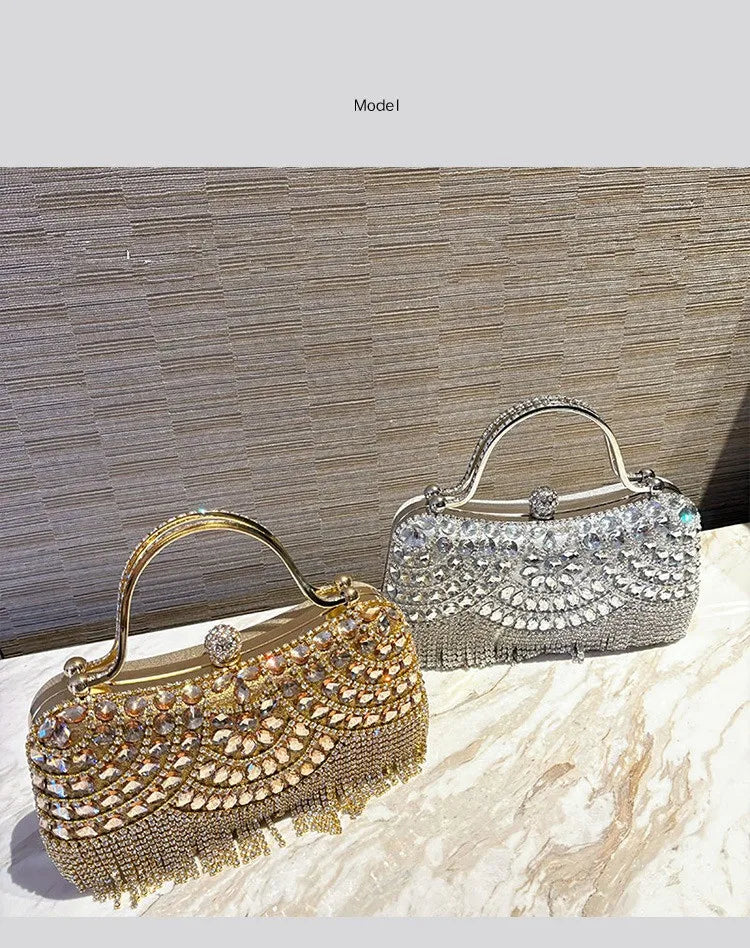 Diamond Evening Clutch Bag Golden Tassel Handbag Boutique Novelty Metallic Rhinestone Purses And Handbags Bridal Wedding Party