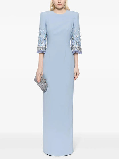 HIGH STREET Newest Fashion 2026 S/S Designer Vestido Women's Half Sleeve Stunning Beaded  Long Maxi Dress