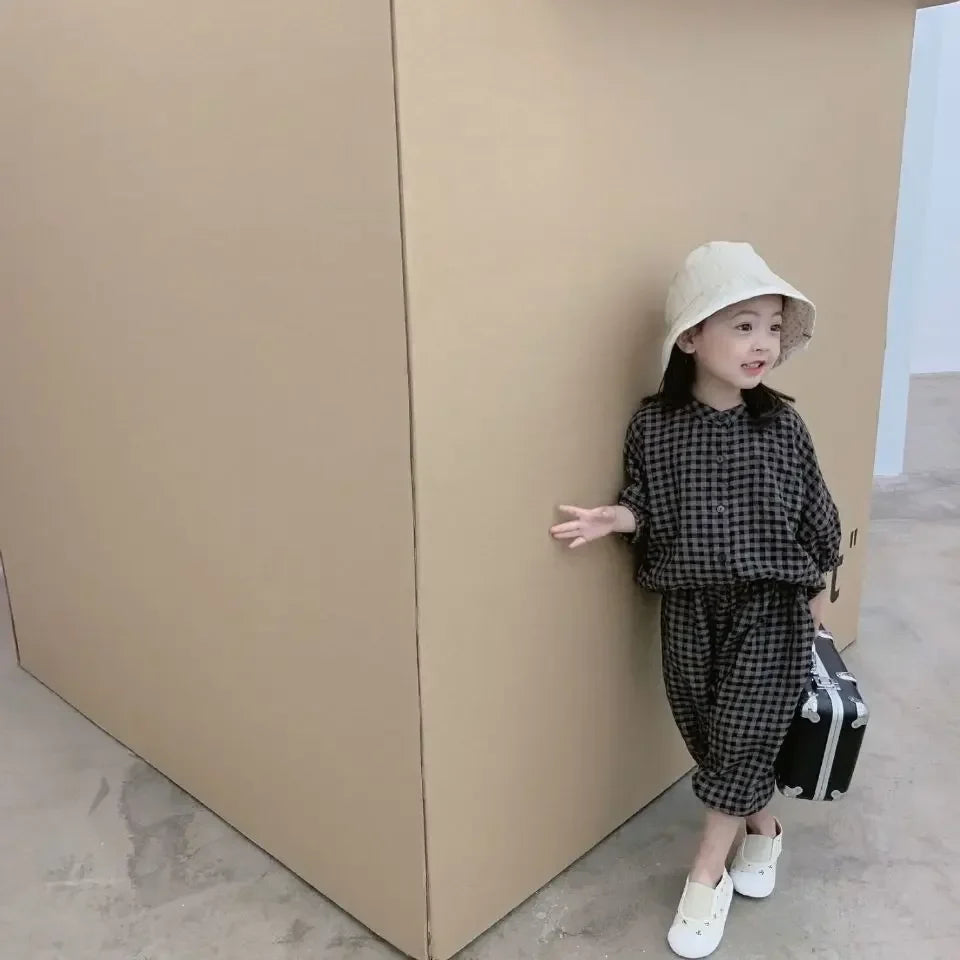 Kid Girls Korean Style Cotton Linen Suits Spring Autumn 2026 New Summer Baby Girl Fashion Casual Plaid 7-point Sleeve 2pcs Sets