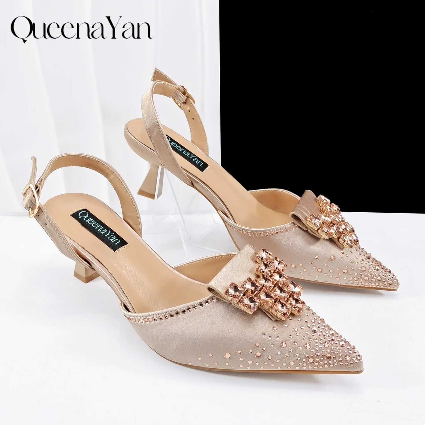 2026 New Elegant Coffee Color Pointed-Toe Italian Women's High-Heeled Shoe and Bag Set with Diamond Design for Parties