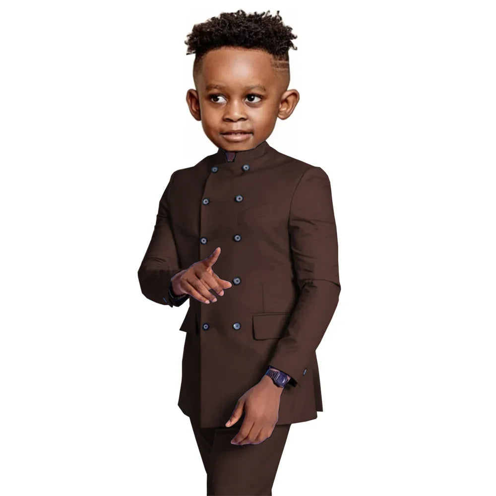 Stylish Elegant Boys Stand-up Collar Suits 2 Pieces Jacket Pants Formal Party Wear Double Breasted Kids Suit Set 2-20T