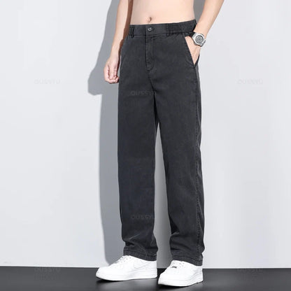 Summer New Upgrade Soft Lyocell Fabric Jeans Men Ultrathin Blue Elastic Waist Loose Straight Denim Trousers Male Plus Size 5XL