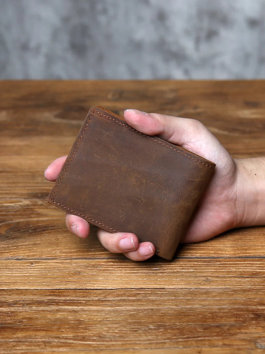Retro Men's Genuine Leather Wallet Top Layer Cowhide Short Wallet with Crazy Horse Leather Zero Wallet Card  ID Bag