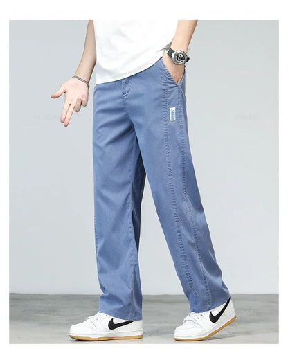 Summer Ultrathin High Quality Soft Lyocell Fabric Men's Jeans Loose Straight Denim Pants Design Casual Trousers Plus Size M-5XL