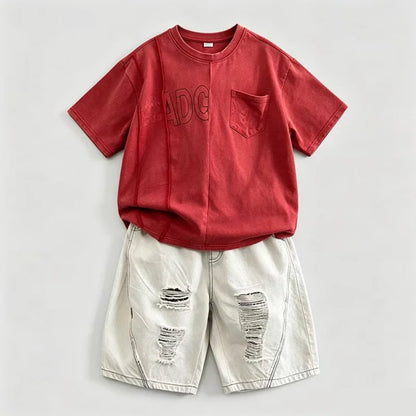 Cool Style Teenager Summer Set T-shirt And Ripped Denim Shorts Clothing Set for Kids Boy Age 7 To 14 Years Children Clothes Suit