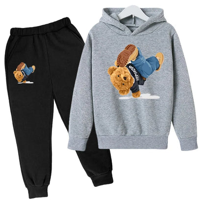 Kids Hoodie Set Cotton Top Pants 2pcs Sets Spring/Autumn Children's Clothing Street Dance Cartoon Bear Print Boys Girls Tops
