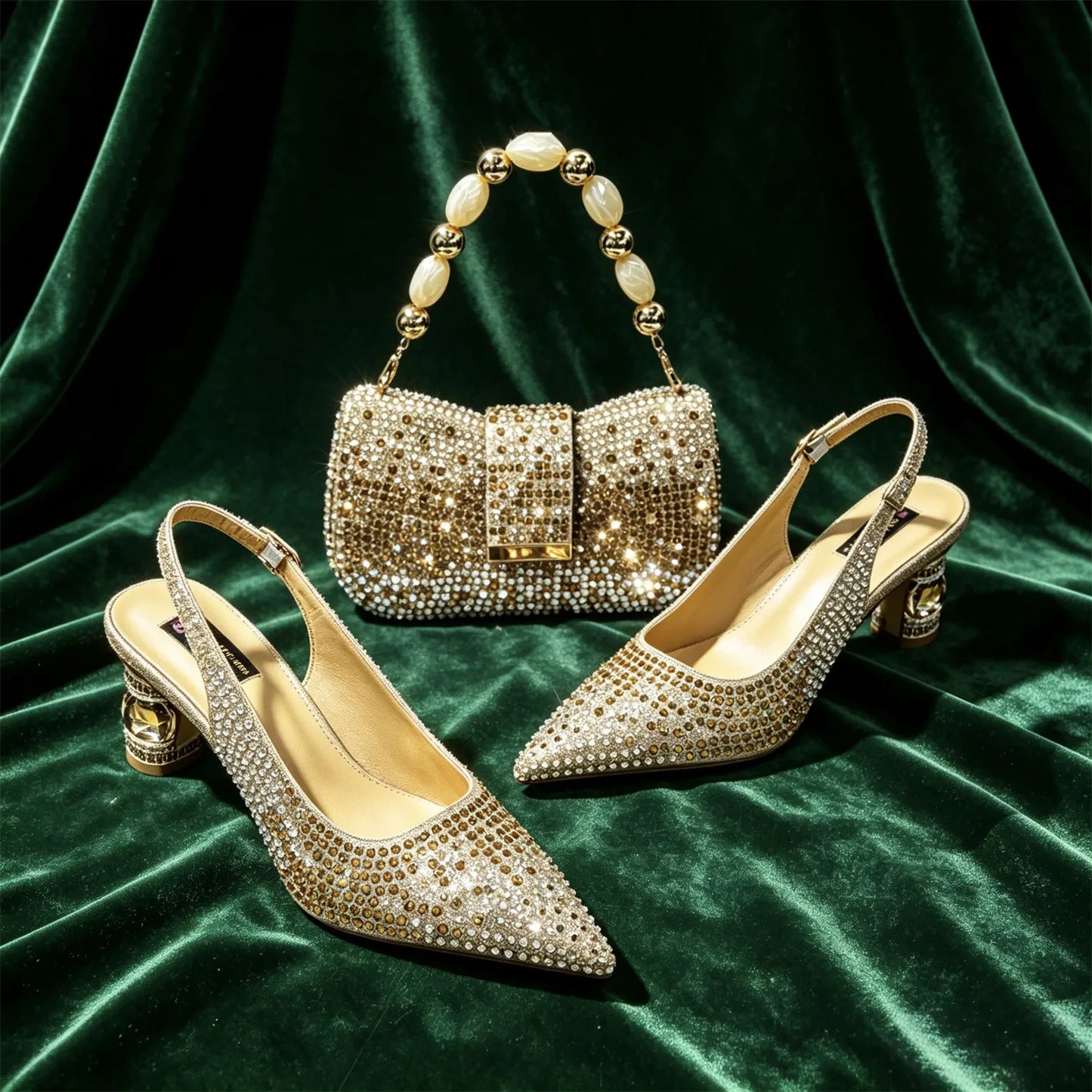 Emerald Green Rhinestone Heels & Bag Set Crystal Slingback Pumps with Matching Handbag for Wedding Party