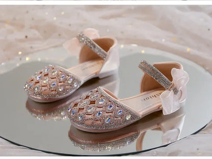 Girls Sandals Shiny Crystal Ins Trendy 2026 Summer New Kids Princess Shoes Mesh Lace Bows Girls Dance Shoes Elegant Hollowed-out