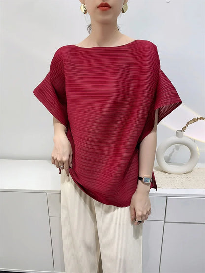 2025 Summer T-shirt Miyake Comfortable Casual Loose Pleated Top Women Short Sleeve Slim Commuter Office Clothes Wrinkle-Free
