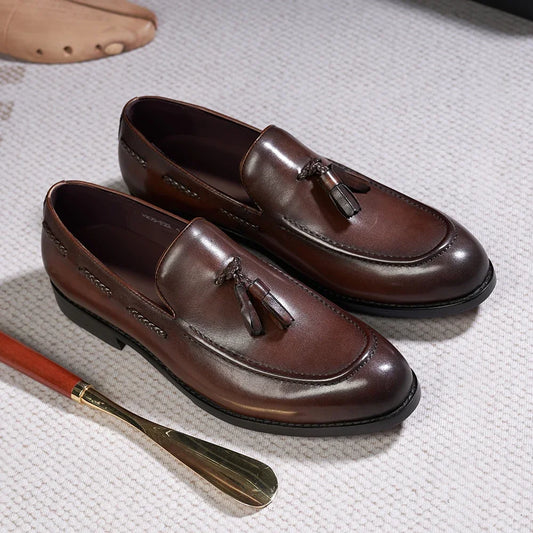 Classic Men's Genuine Leather Tassel Loafers Handmade Slip-On Casual Shoes Comfortable for Office Wedding Dressing Daily Wear