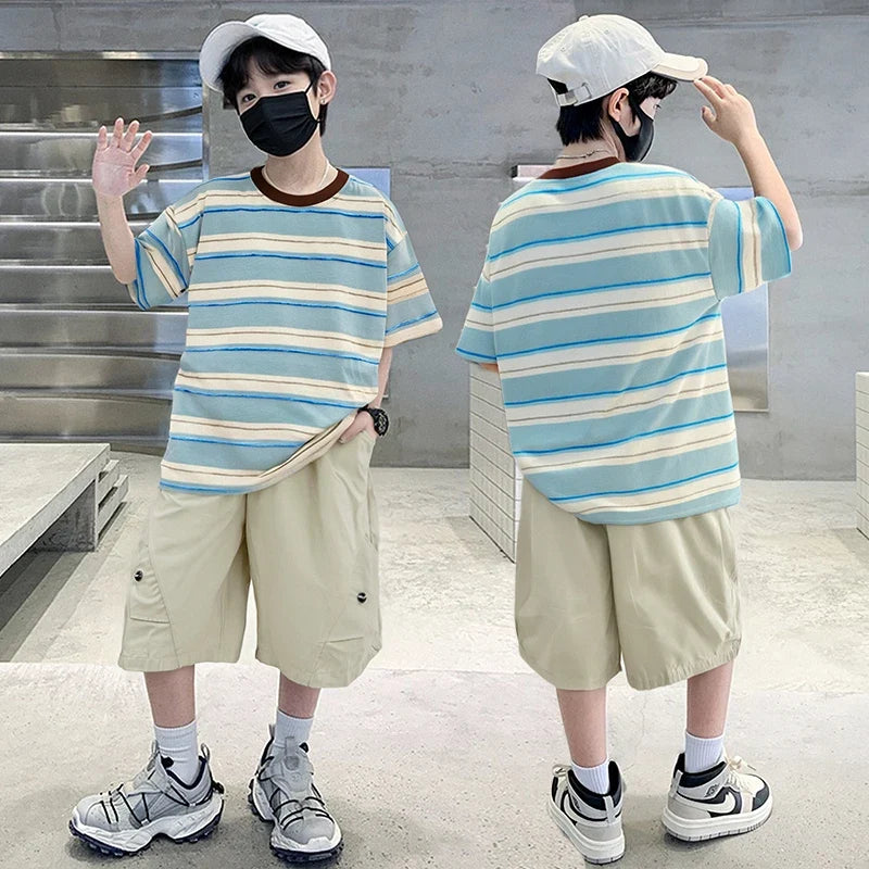 Kids New Designer Cotton Stripe T-shirt Shorts Set Summer Outfit for Boys Tracksuit Set 2 Pieces Clothing Suit for Tweens Child