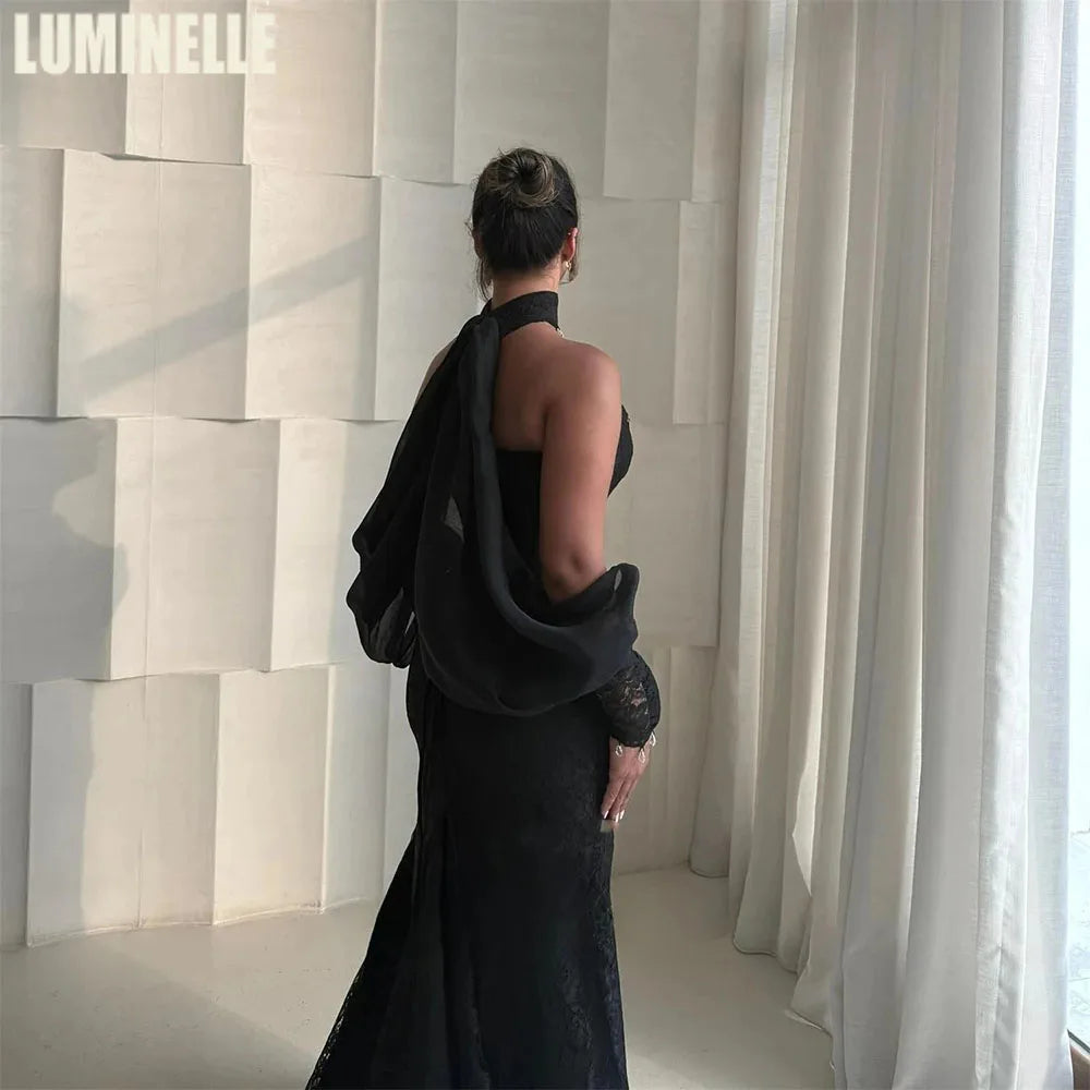 Customized Wedding Party Dresses Elegant Black Lace Formal Occasion Halter Bubble Sleeve Sheath Sexy Cocktail Dress for Women