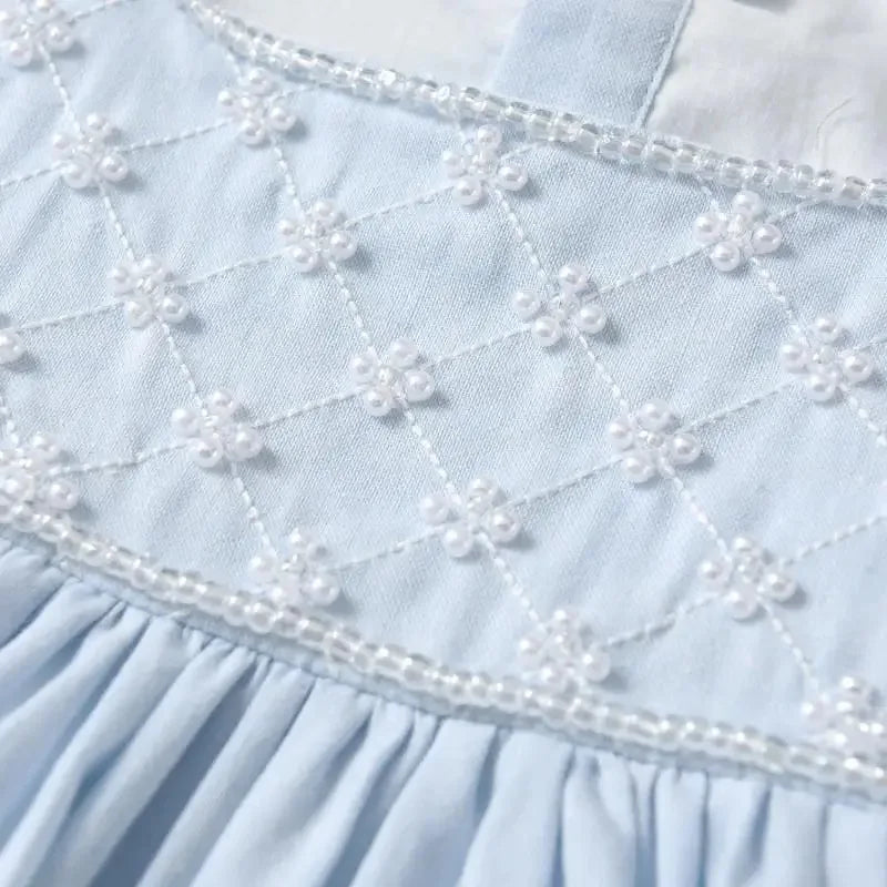 Baby Girl Princess Cotton Bow Pearl Dress Infant Toddler Child Ruffled Spanish Blue Vestido Birthday Party Baby Clothes 18M-7Y