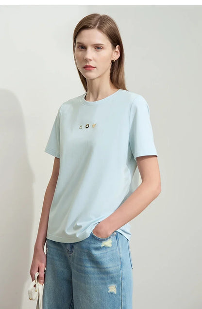 Minimalist T-shirt Women's Tops O-neck Short Sleeves Geometric Decoration Antibacterial Cotton Elastic Casual Tees 12521088