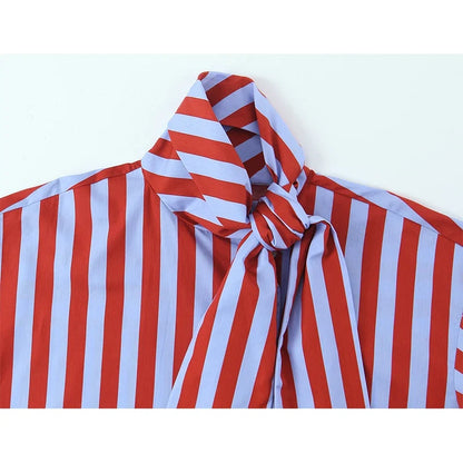 2026 New Women's Striped Shirt With Bow Tie Long Sleeve Loose Casual Blouse Female Fashion Tops