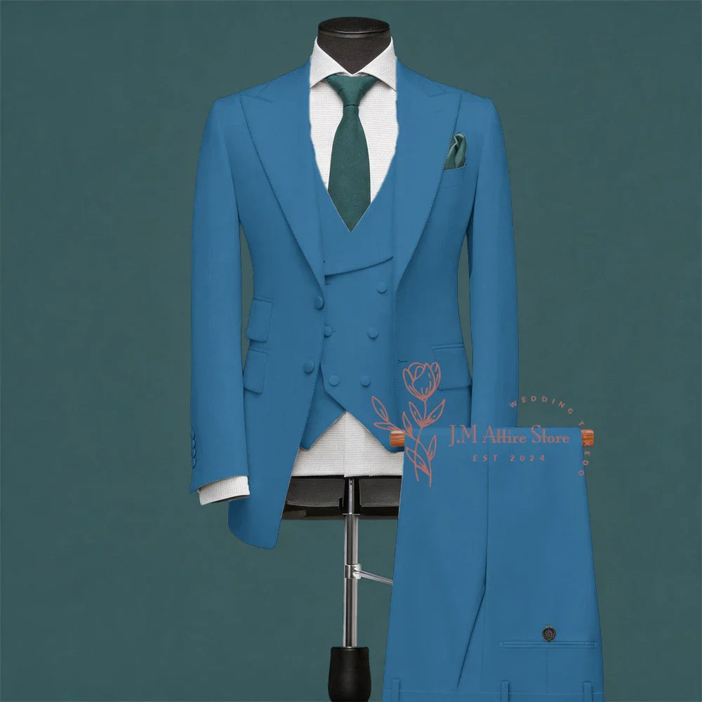 Light Green Men’s Suit Slim Fit Peak Lapel Jacket Double Breasted Vest Pants Wedding Formal 3 Piece Party Set For Groomsmen