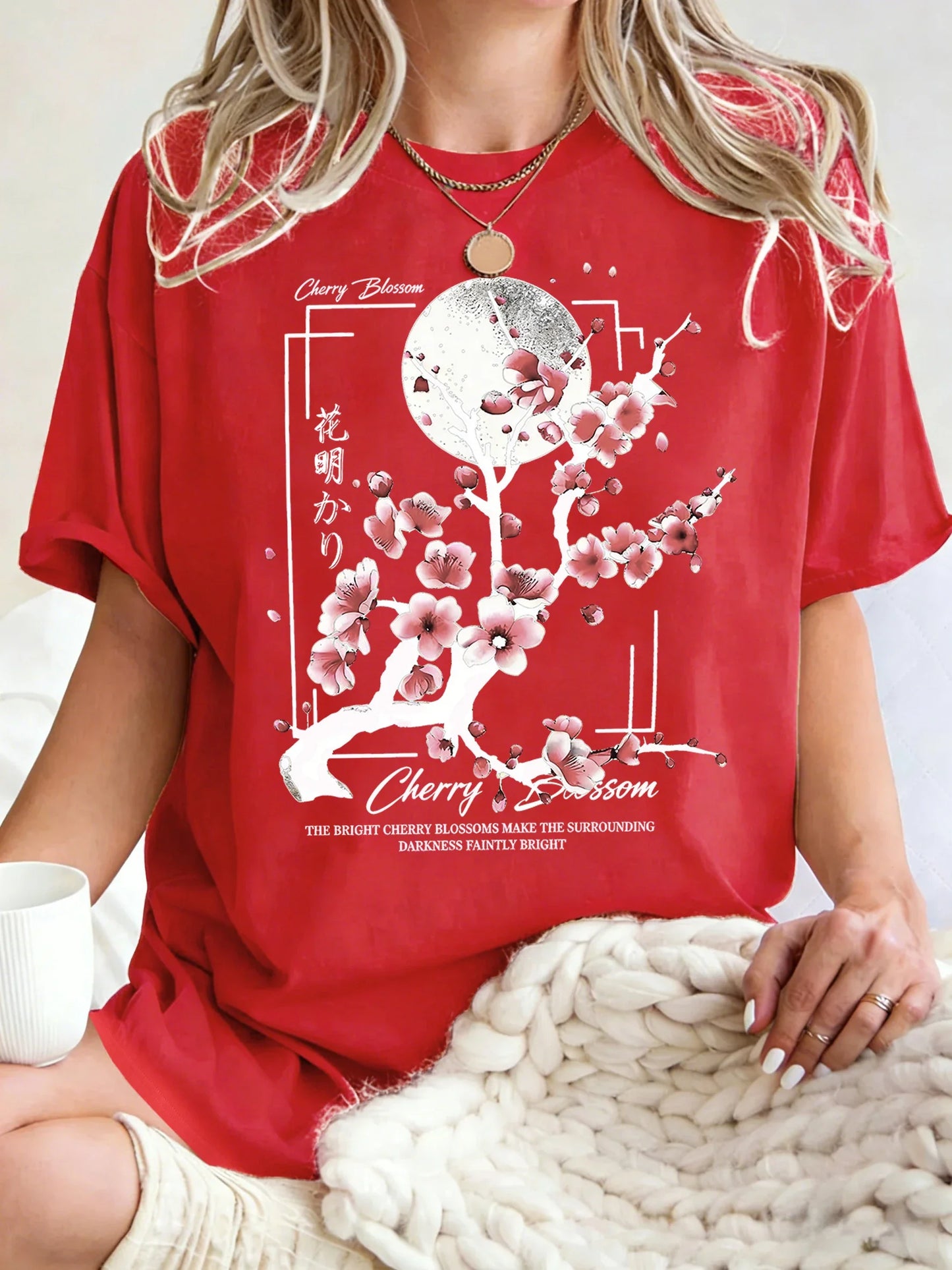 Japanese Cherry Blossom Design Women'S T-Shirt Loose Cotton T Shirts Crewneck Trendy Short Sleeve Y2K Summer Casual Streetwear