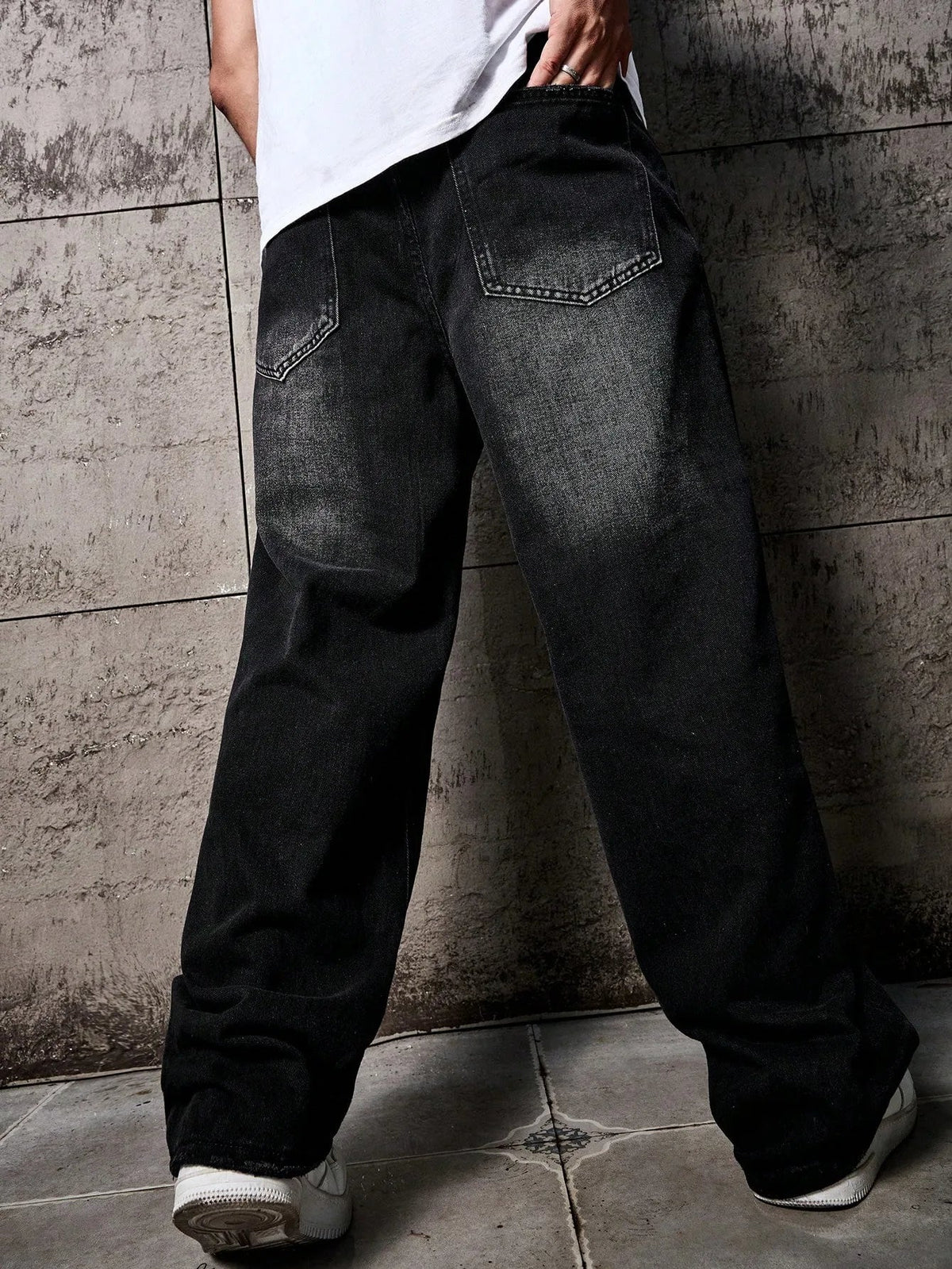 1pc Vintage Style Men's Black Washed Distressed Loose Wide Leg Relaxed Straight Jeans, Perfect Gift for Husband, Boyfriend