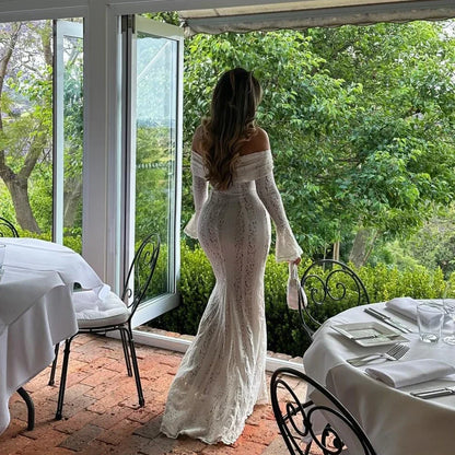 Elegant Off The Shoulder Bodycon Dress 2024 New in White Flare Sleeve Lace Maxi Dress Wedding Guest Dress for Women