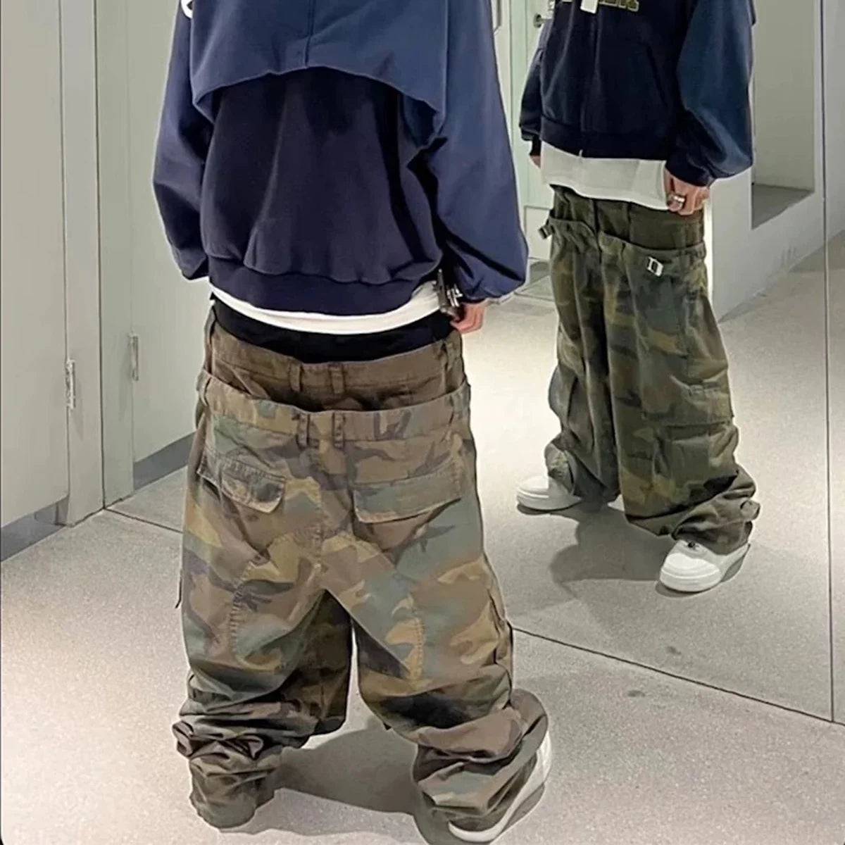 Three Waisted Camouflage Cargo Pants for Men Streetwear Patchwork Baggy Jeans Wide Leg Casual Loose Denim Trousers Oversized