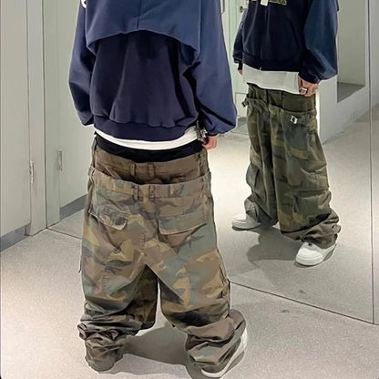 Three Waisted Camouflage Cargo Pants for Men Streetwear Patchwork Baggy Jeans Wide Leg Casual Loose Denim Trousers Oversized