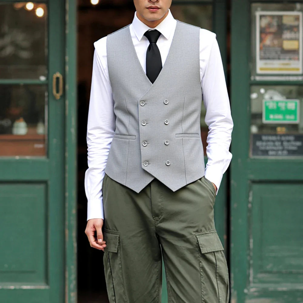 V Neck Men's Suits Vest Double Breasted Waistcoat Polyester Fiber Business Vest Groomman For Wedding Vest