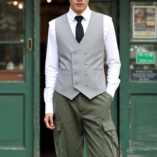 V Neck Men's Suits Vest Double Breasted Waistcoat Polyester Fiber Business Vest Groomman For Wedding Vest