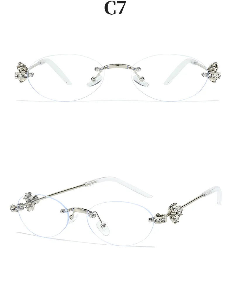 Women's Fashion Glasses Exquisite Diamond Decoration Sunglasses Oval Shaped Frame Cut Edge Frameless Small Outdoor Sun Glasses