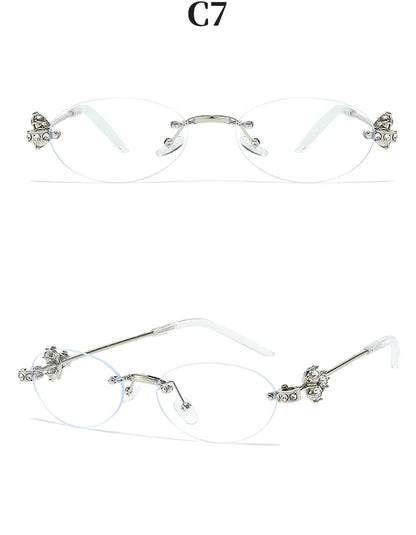 Women's Fashion Glasses Exquisite Diamond Decoration Sunglasses Oval Shaped Frame Cut Edge Frameless Small Outdoor Sun Glasses