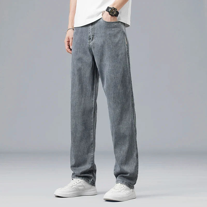 Summer Ultra-thin Lyocell Men's Jeans Drape Soft Fabric Loose Straight Casual Denim Pants Elastic Ice Silk Male Trousers
