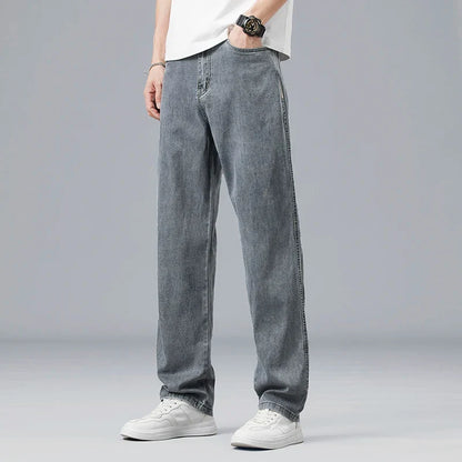 Summer Ultra-thin Lyocell Men's Jeans Drape Soft Fabric Loose Straight Casual Denim Pants Elastic Ice Silk Male Trousers