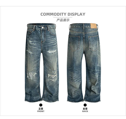 Unisex Retro Washed Aged Ripped Straight Leg Blue Jeans Torn Hole Z029#